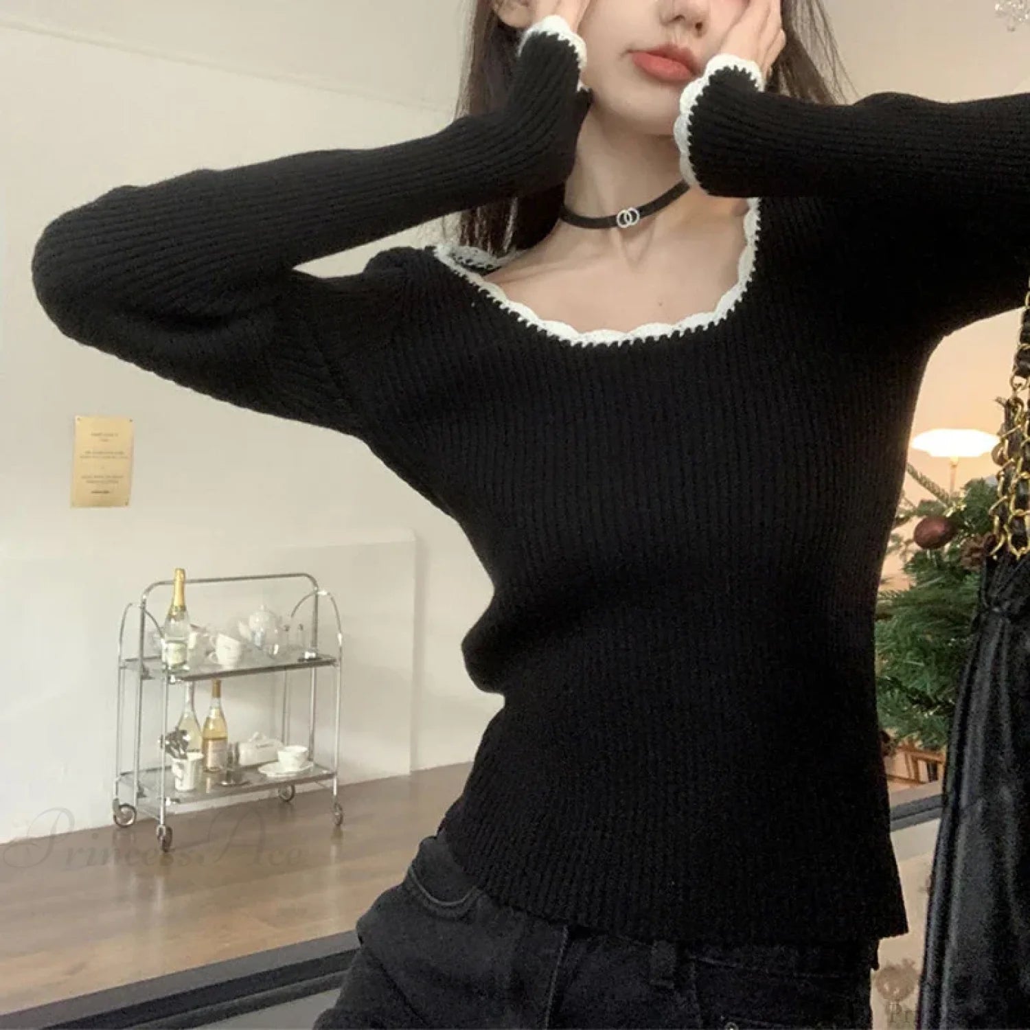 Cute O Neck Long Sleeve Slim Fit Knitted Crop Top Black / One Size knittop-250126
