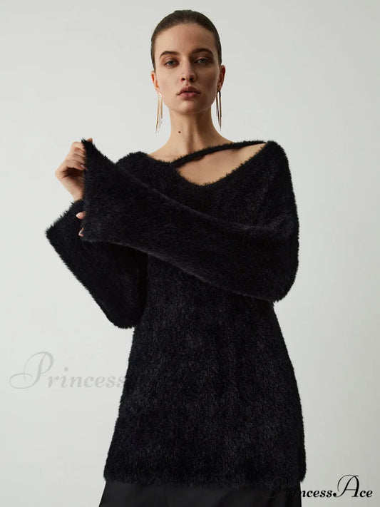 Cutout Fuzzy Graceful Knit Top Black / S Sweaters-L