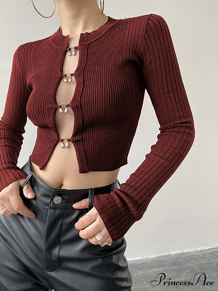 Cutout Split Beads Trendy Detail Ribbed Knit Top Burgundy / Xs Sweaters-L