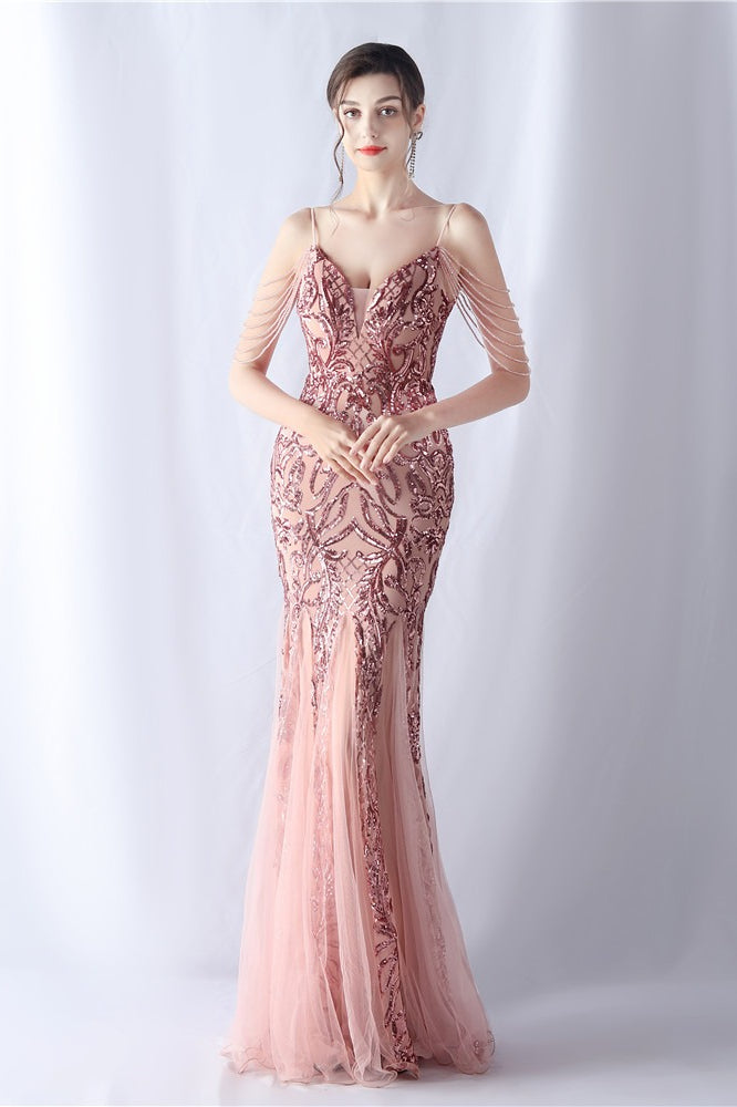 Beaded Mesh Cocktail Maxi Dress Pink / S