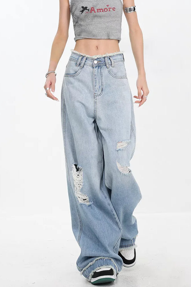 Gradient Ripped Straight Leg Jeans Blue / S