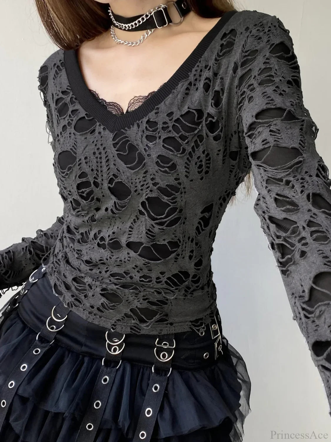 Dark Hollow Out Fake 2 Piece Gothic V-Neck Knit Top GRAY / S knittop-250126