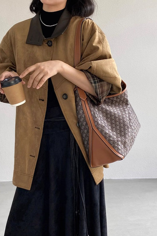 Brown Stand Collar Plaid Suede Jacket