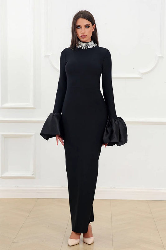 Sparkling Round Neck Long Sleeve Bubble Sleeve Formal Dress S / Black