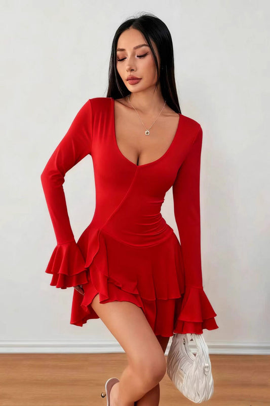 High Waist Slim Fit Solid Color Long Sleeve Mini Dress
