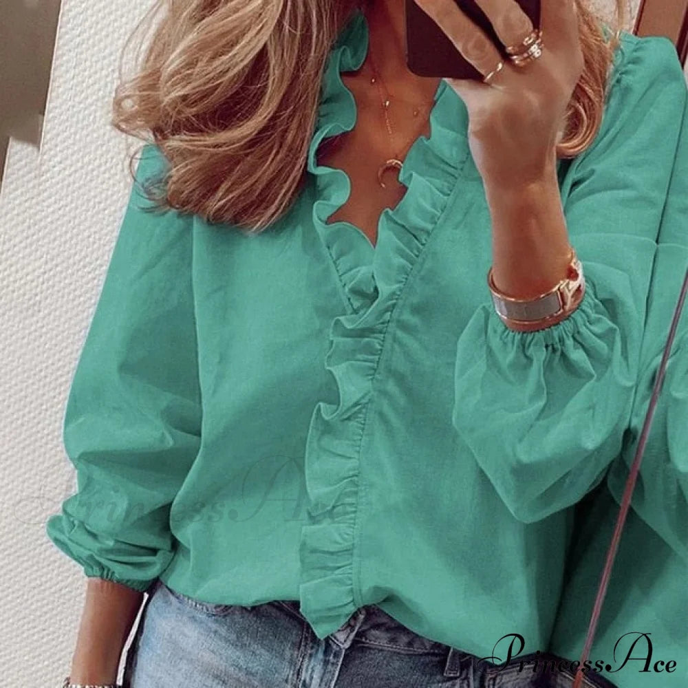 Design Blouse Office Bohemian V-Neck Arm Retro Slim Flowered Brief Women Ruffles Casual Lady Tops