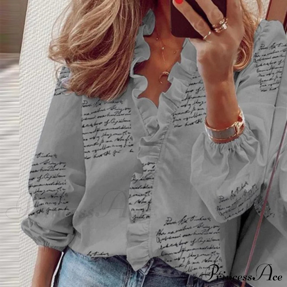 Design Blouse Office Bohemian V-Neck Arm Retro Slim Flowered Brief Women Ruffles Casual Lady Tops