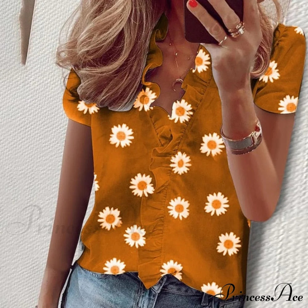 Design Blouse Office Bohemian V-Neck Arm Retro Slim Flowered Brief Women Ruffles Casual Lady Tops