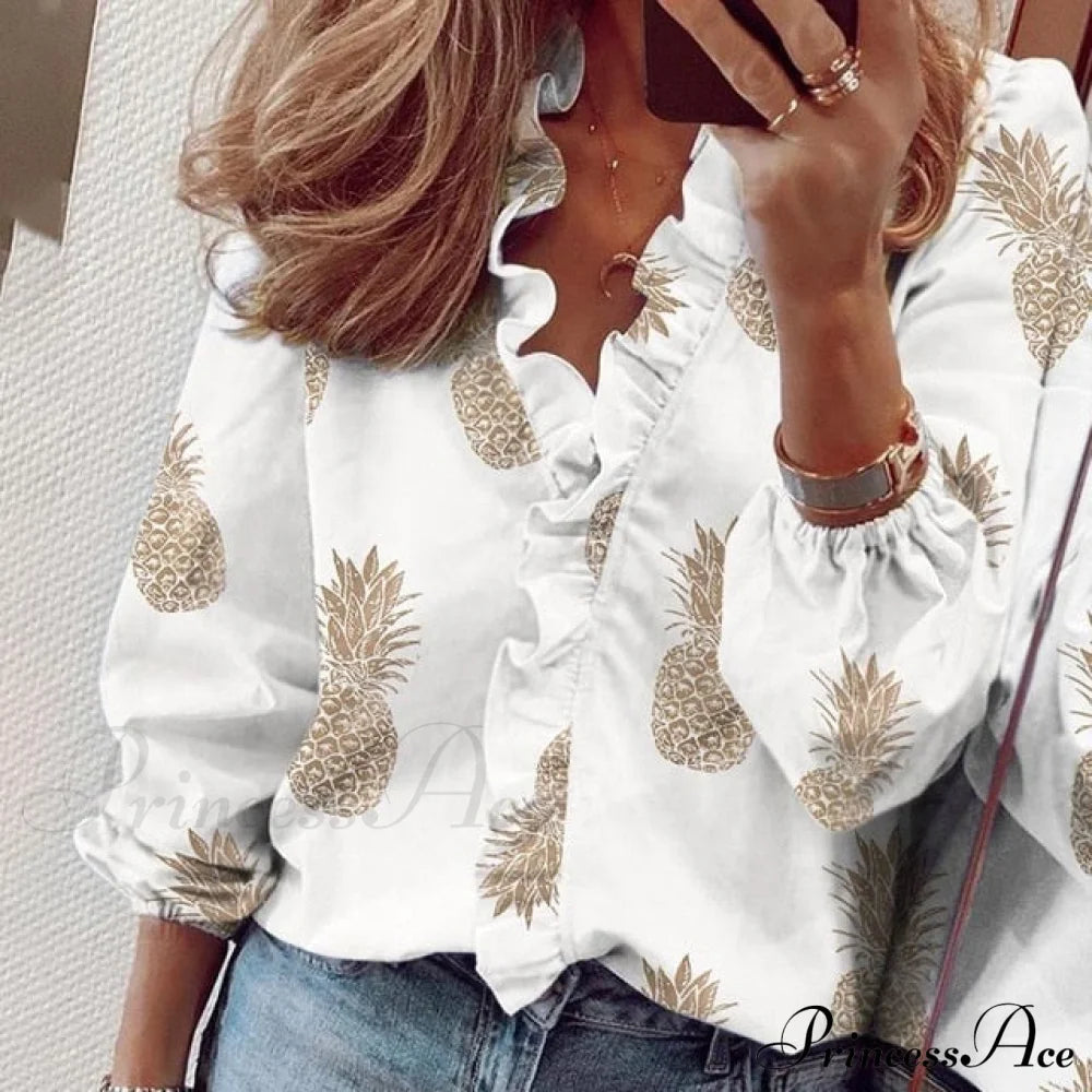 Design Blouse Office Bohemian V-Neck Arm Retro Slim Flowered Brief Women Ruffles Casual Lady Tops