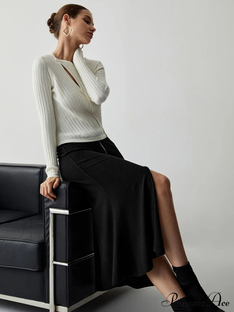 Diagonal Buttoned Rib Trendy Long Sleeve Top Sweaters-L