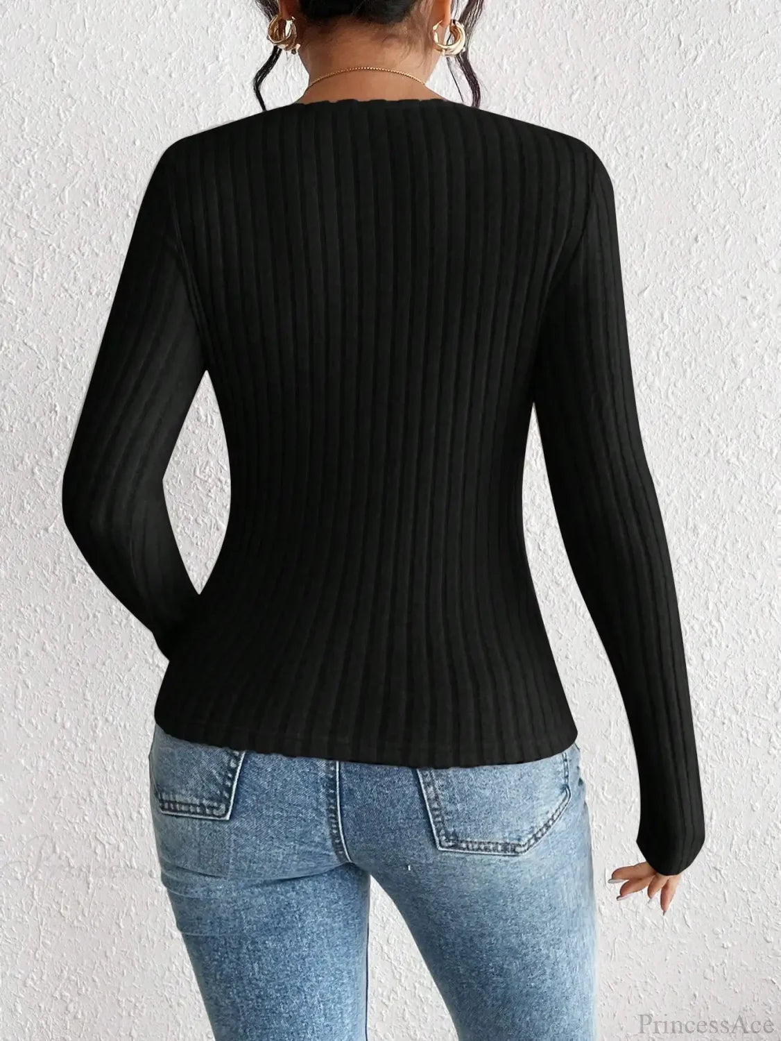 Diamond Collar Casual Knitted Long Sleeve T-shirt Women knittop-250126