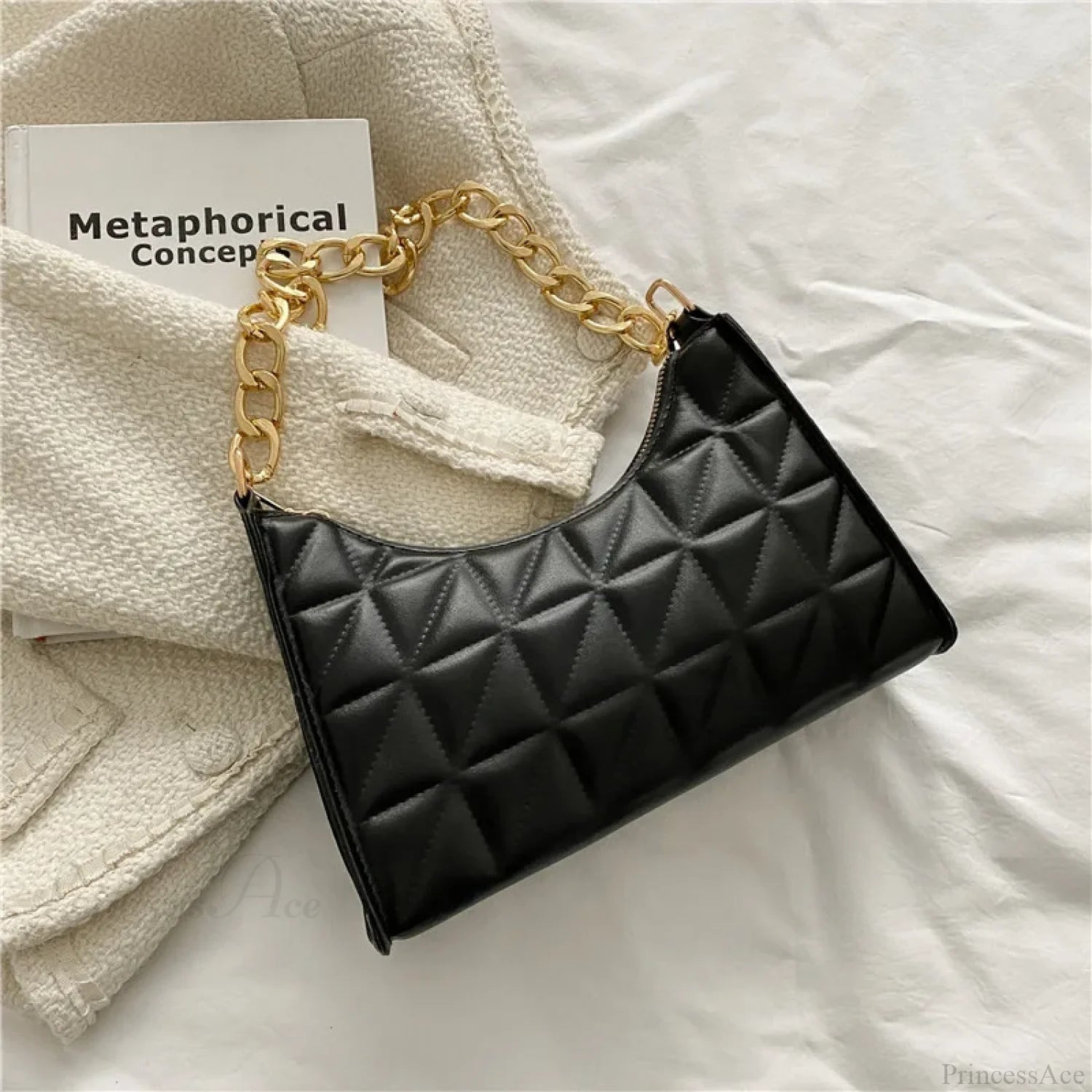Diamond Pattern PU Leather Chain Shoulder Handbag Black handbag-250126