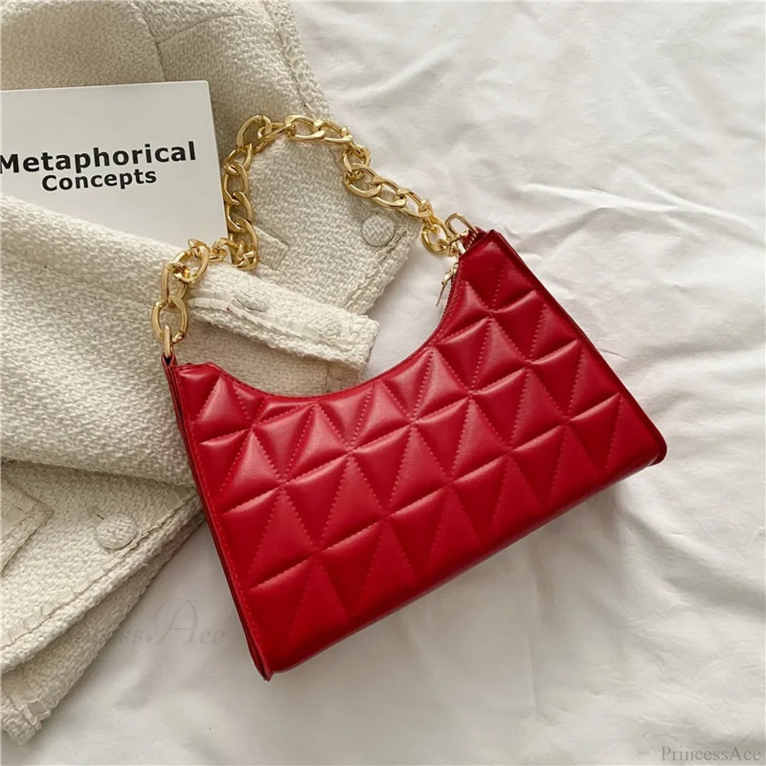 Diamond Pattern PU Leather Chain Shoulder Handbag Red handbag-250126