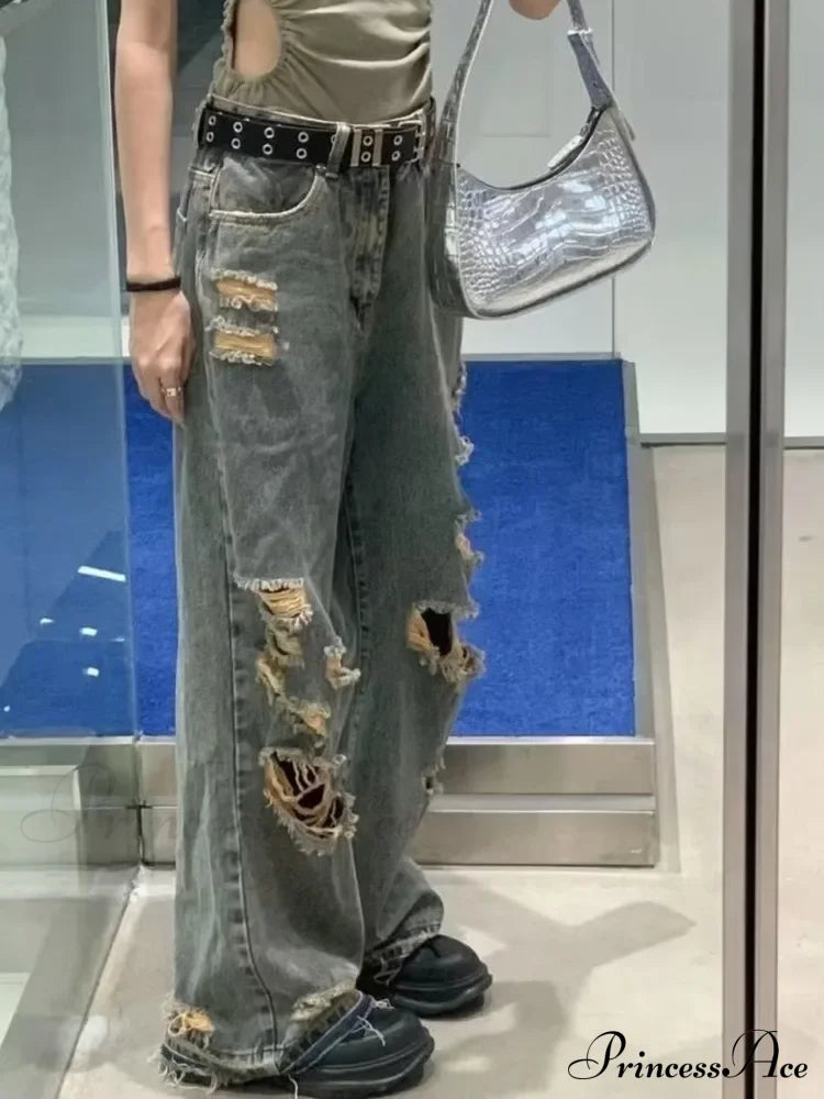 Distressed Trendy Brand Washed Vintage Versatile Wide Leg Design Inset Jean