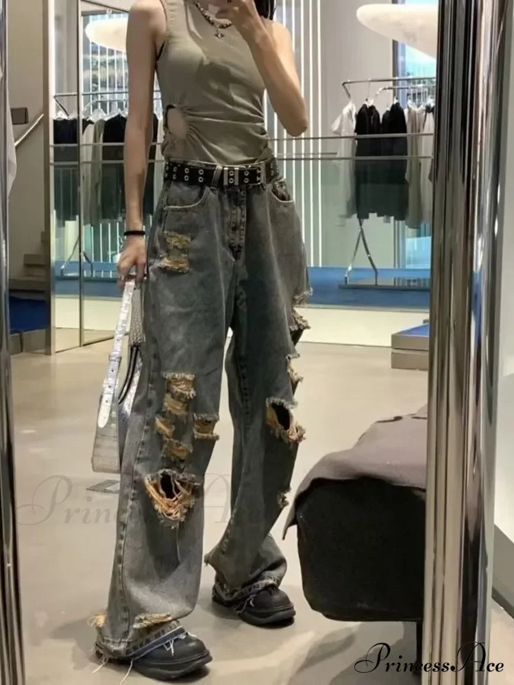 Distressed Trendy Brand Washed Vintage Versatile Wide Leg Design Inset Jean