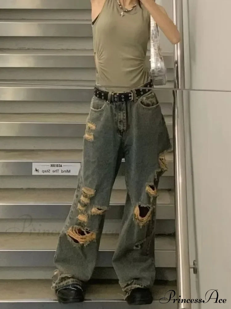 Distressed Trendy Brand Washed Vintage Versatile Wide Leg Design Inset Jean