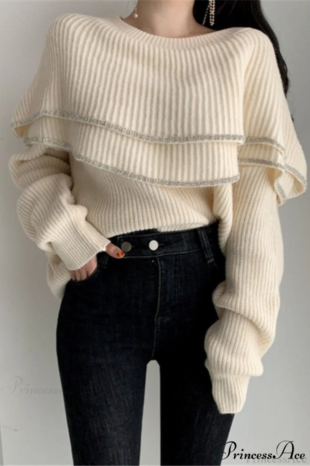 Double Ruffled Off-Shoulder French Vintage Knit Top