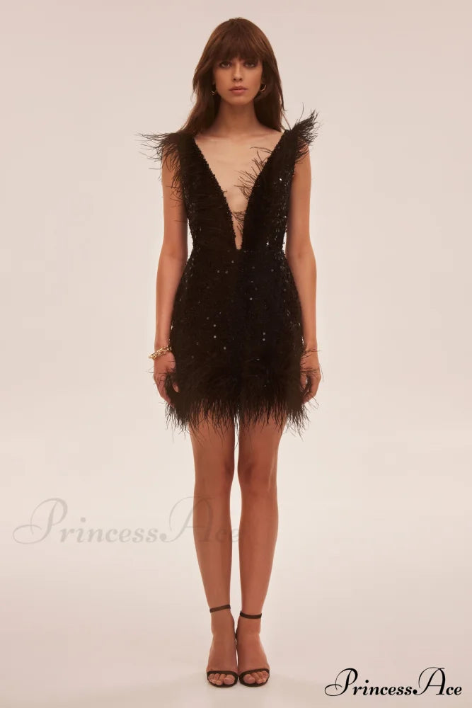 Dramatic Cocktail Dress On Straps Trendy Decorated With Sequins And Feathers