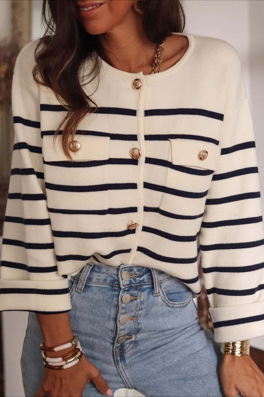 Stripe Button Long Sleeve Knit Blouse