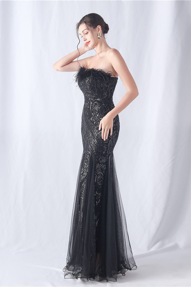 Ostrich Feather Sequin Evening Party Dress