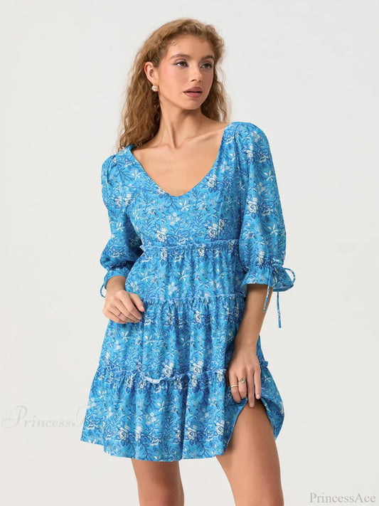Elbow Puff Sleeve V-Neck Tiered Floral Dress BLUE / S floraldress-250126