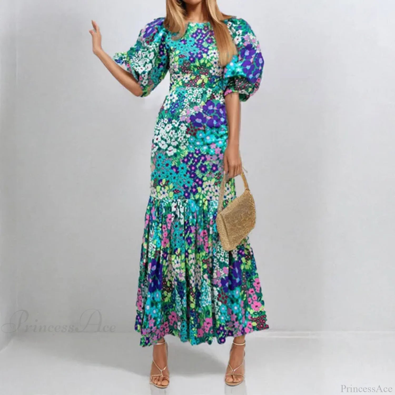 Elegant Blue Floral Lantern Sleeve Dress Green / S oldfloraldress-250126