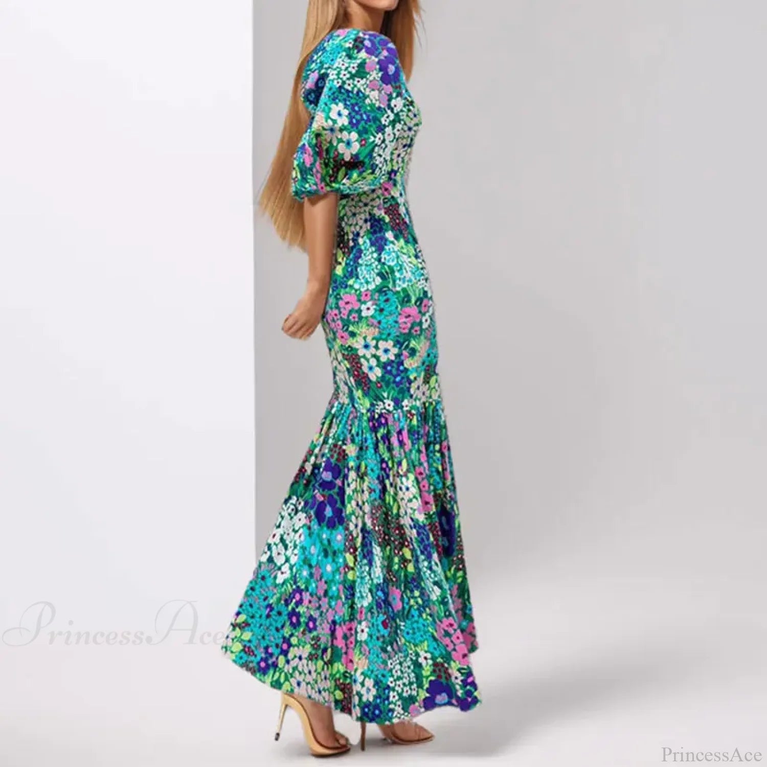 Elegant Blue Floral Lantern Sleeve Dress oldfloraldress-250126