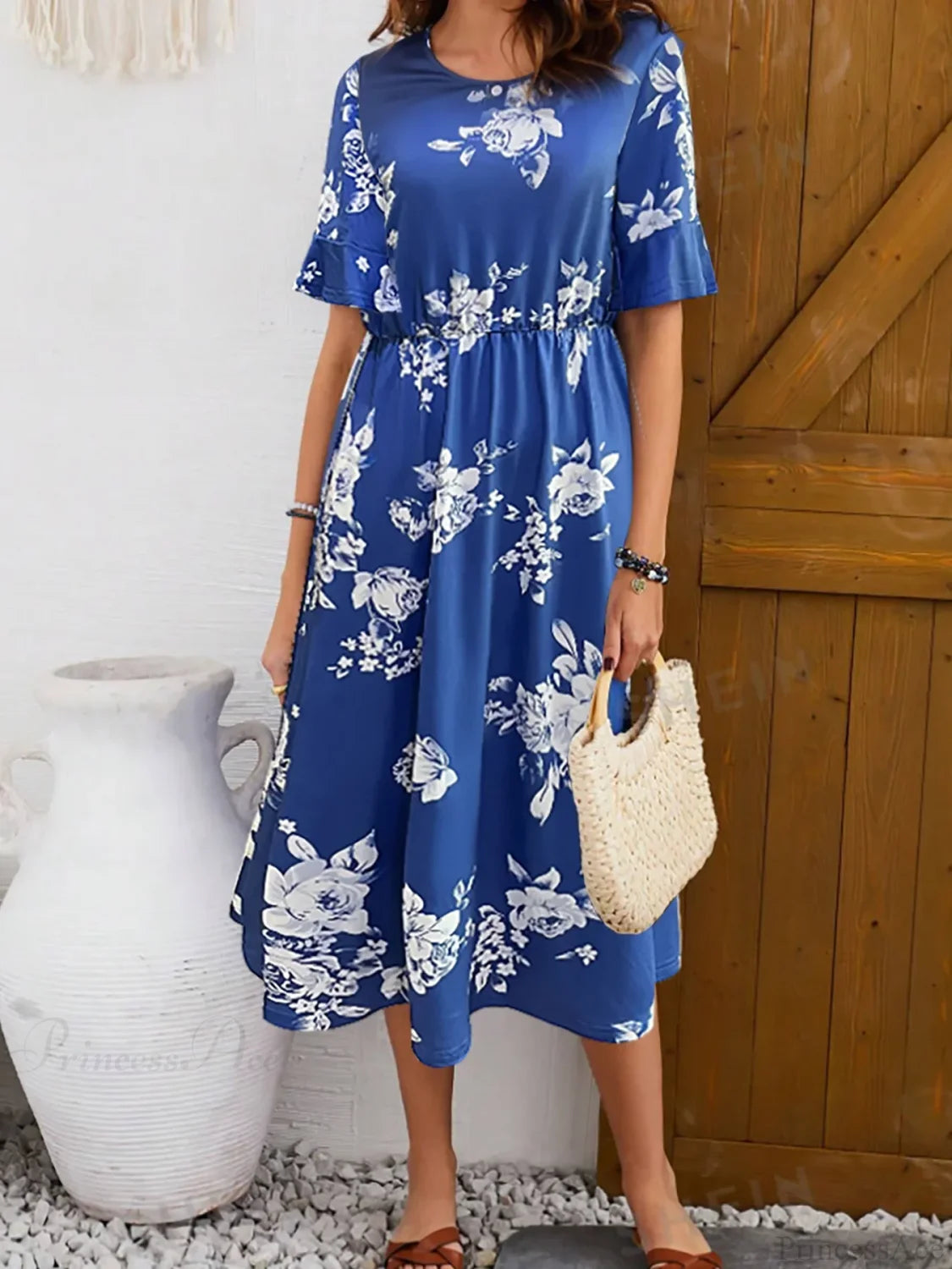 Elegant Fashionable Printed Round Neck Short Sleeve Floral Dress blue / S oldfloraldress-250126