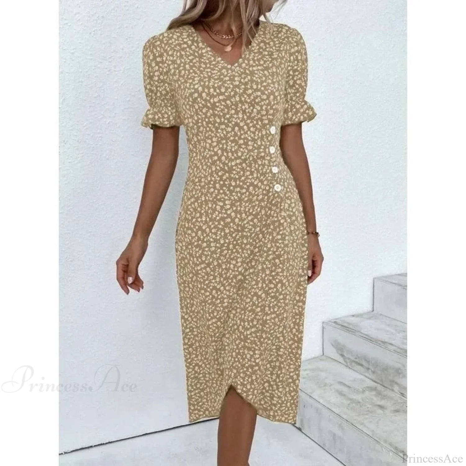 Elegant Floral Midi Puff Sleeve Ruched Waist Floral Dress oldfloraldress-250126