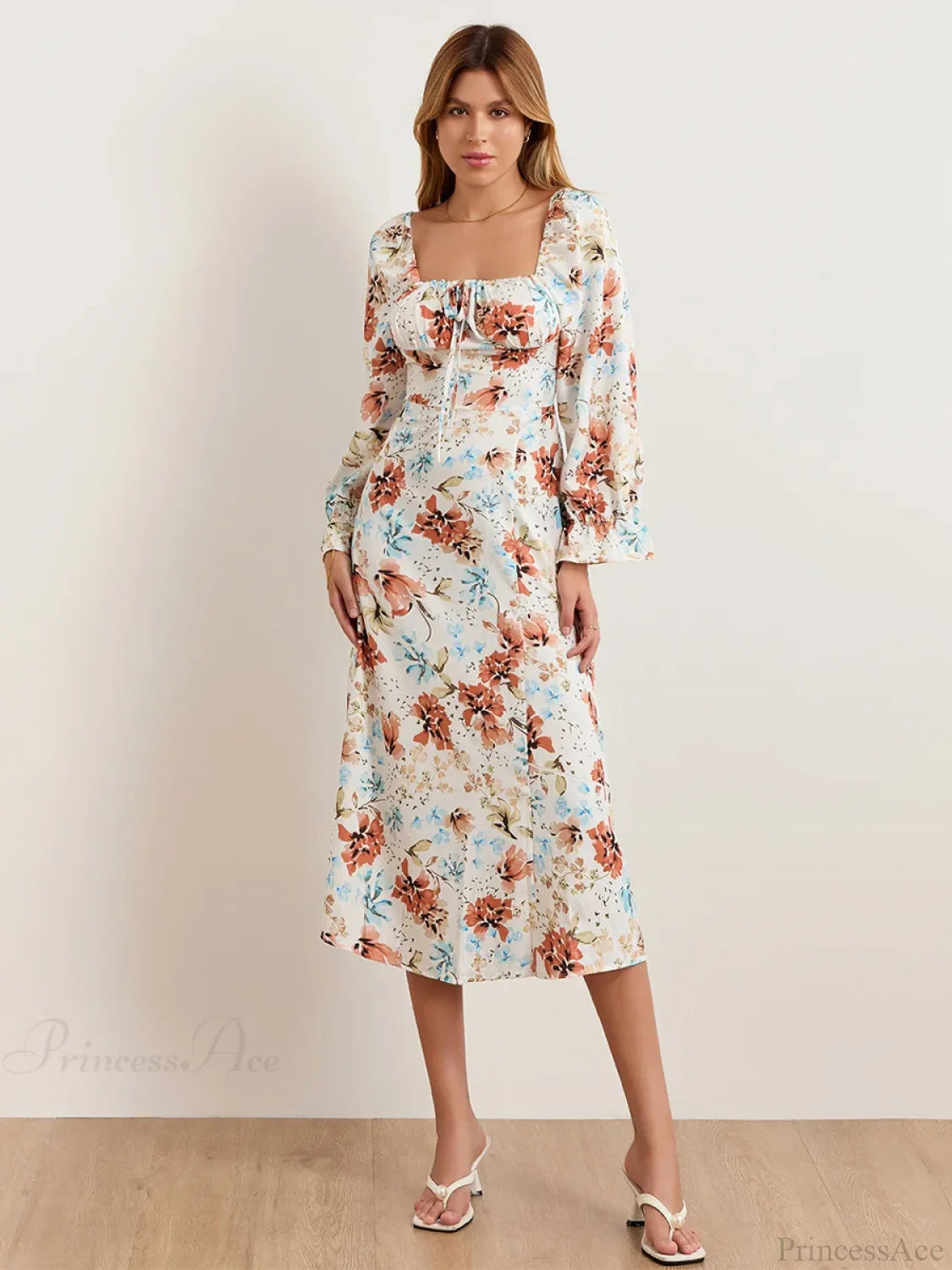 Elegant Floral Midi Puff Sleeve Square Neck Floral Dress floraldress-250126