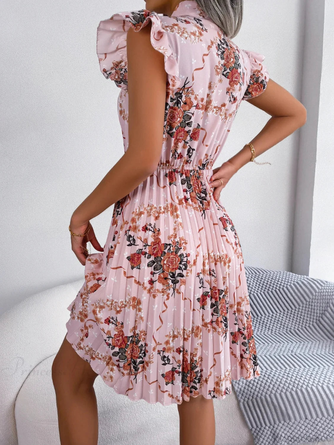 Elegant Floral Print Bow Pleated Slim Waist Floral Dress oldfloraldress-250126