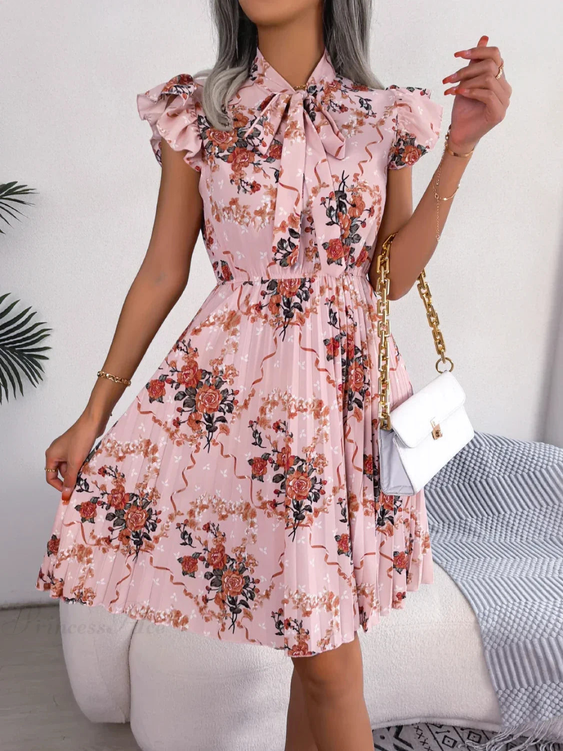 Elegant Floral Print Bow Pleated Slim Waist Floral Dress Pink / S oldfloraldress-250126
