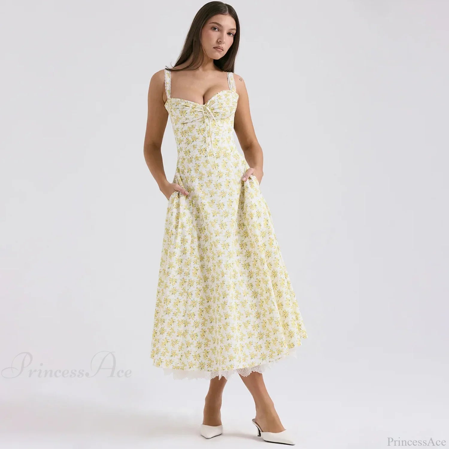 Elegant Floral Print Summer Midi Dress yellow print / XS