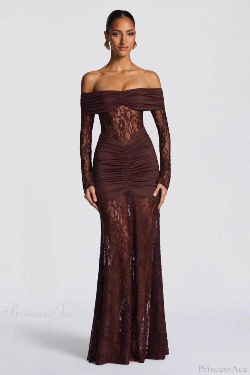 Elegant Lace Off-the-Shoulder Long Sleeve Bodycon Wedding Dress Brown / S