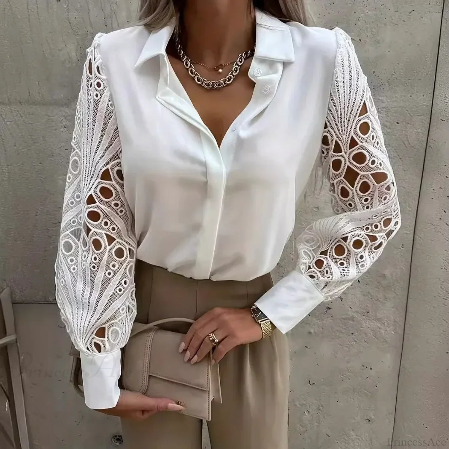 Elegant Lace Patchwork White Blouse White2 / S blouse-250126