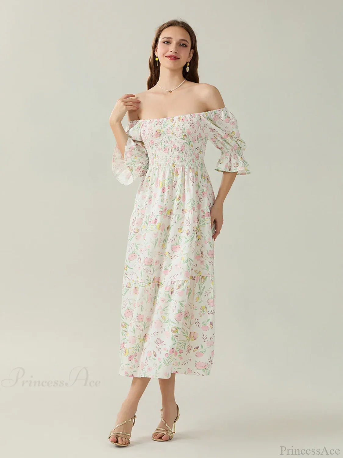 Elegant Off-Shoulder Party Half Sleeve Square Neck A-line Floral Dress floraldress-250126