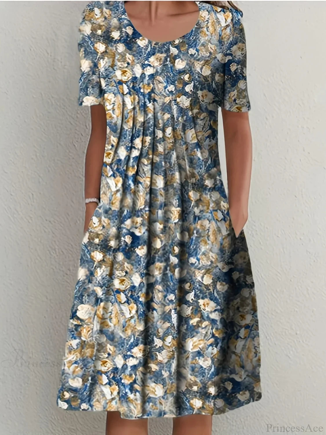 Elegant Spring Summer Round Neck Printed Floral Dress cloro3 / S oldfloraldress-250126