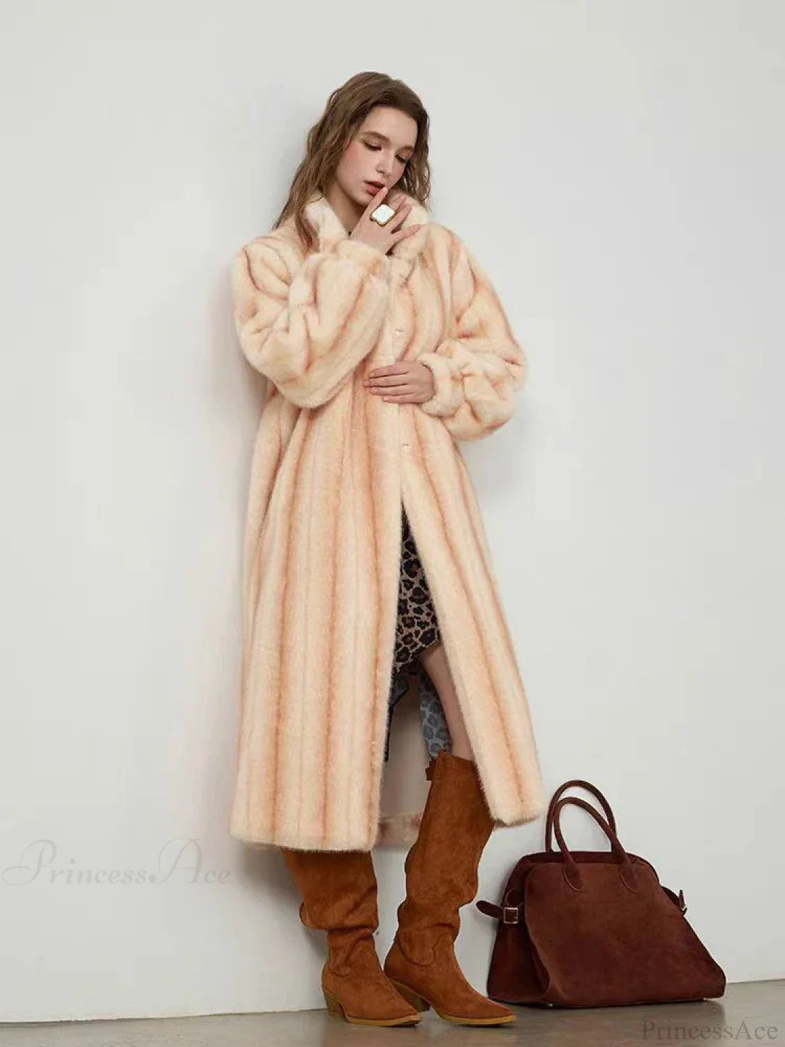 Elegant Standing Collar Faux Fur Mink Overcoat