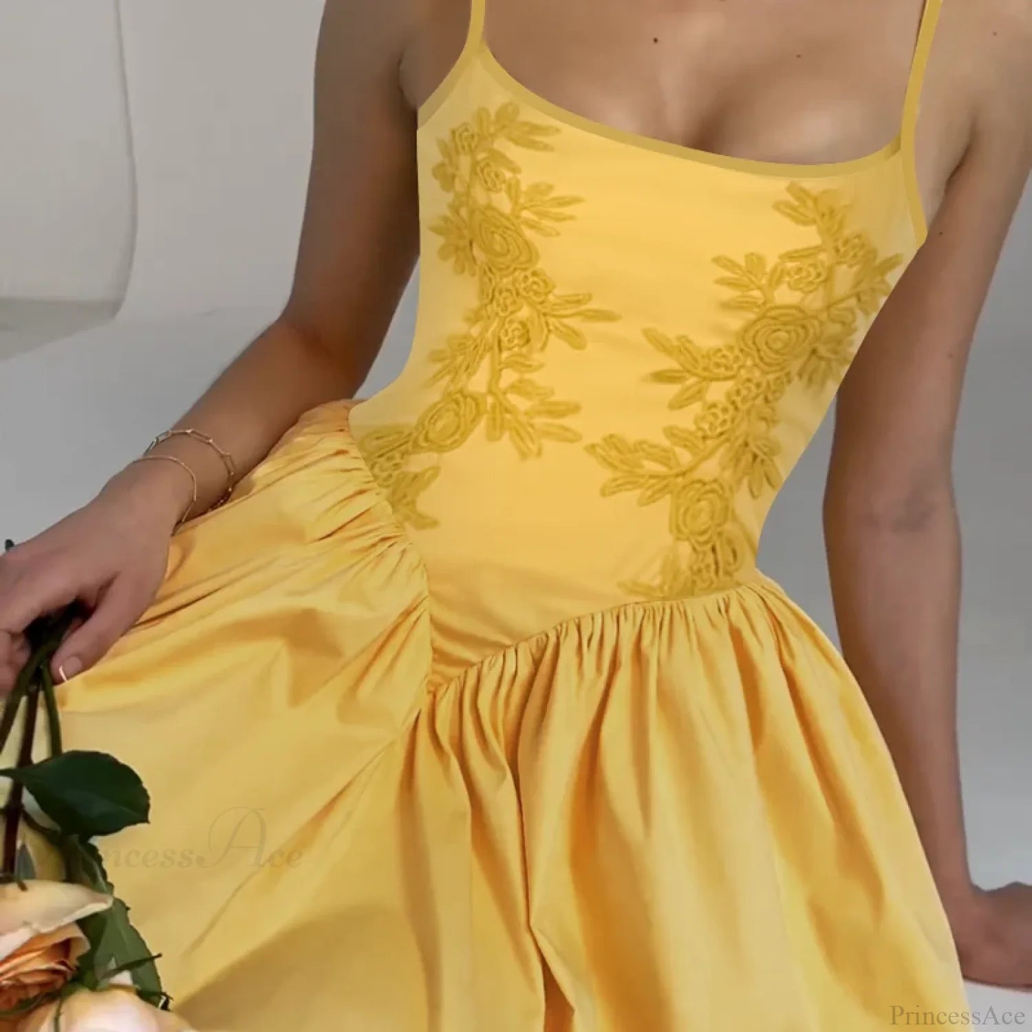 Embroidered Flower High Waist Puffy Floral Dress floraldress-250126