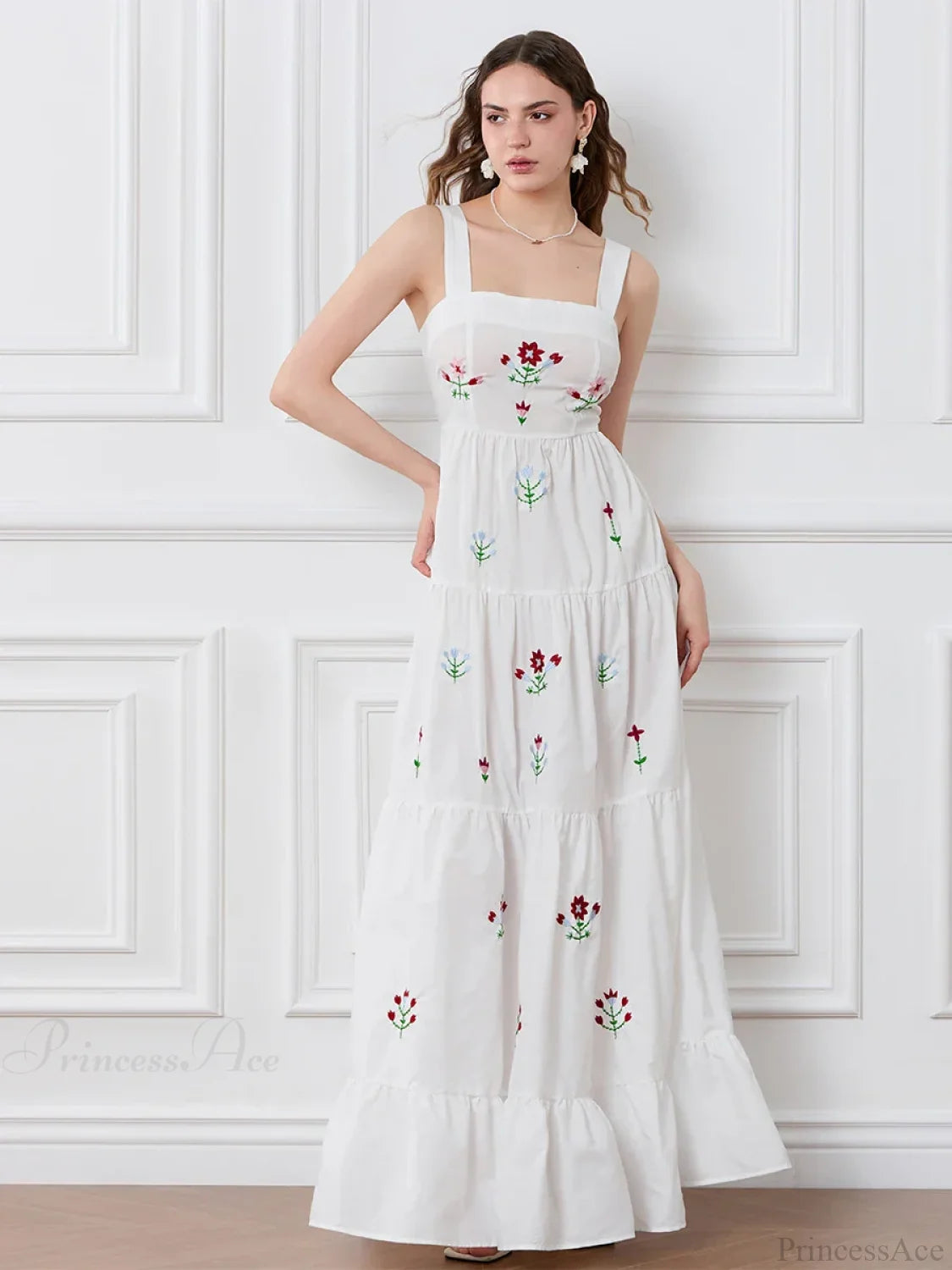 Embroidered Flower Ruched Tiered Slip Floral Dress floraldress-250126