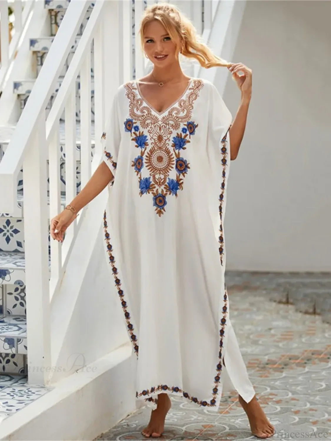 Embroidered Kaftan Beach Vacation Floral Dress oldfloraldress-250126