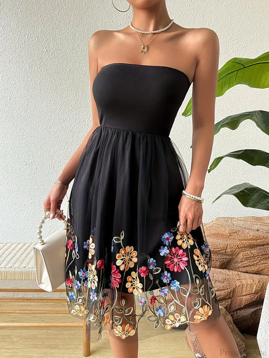 Embroidered Mesh Floral Strapless Vintage Floral Dress Black / XS floraldress-250126