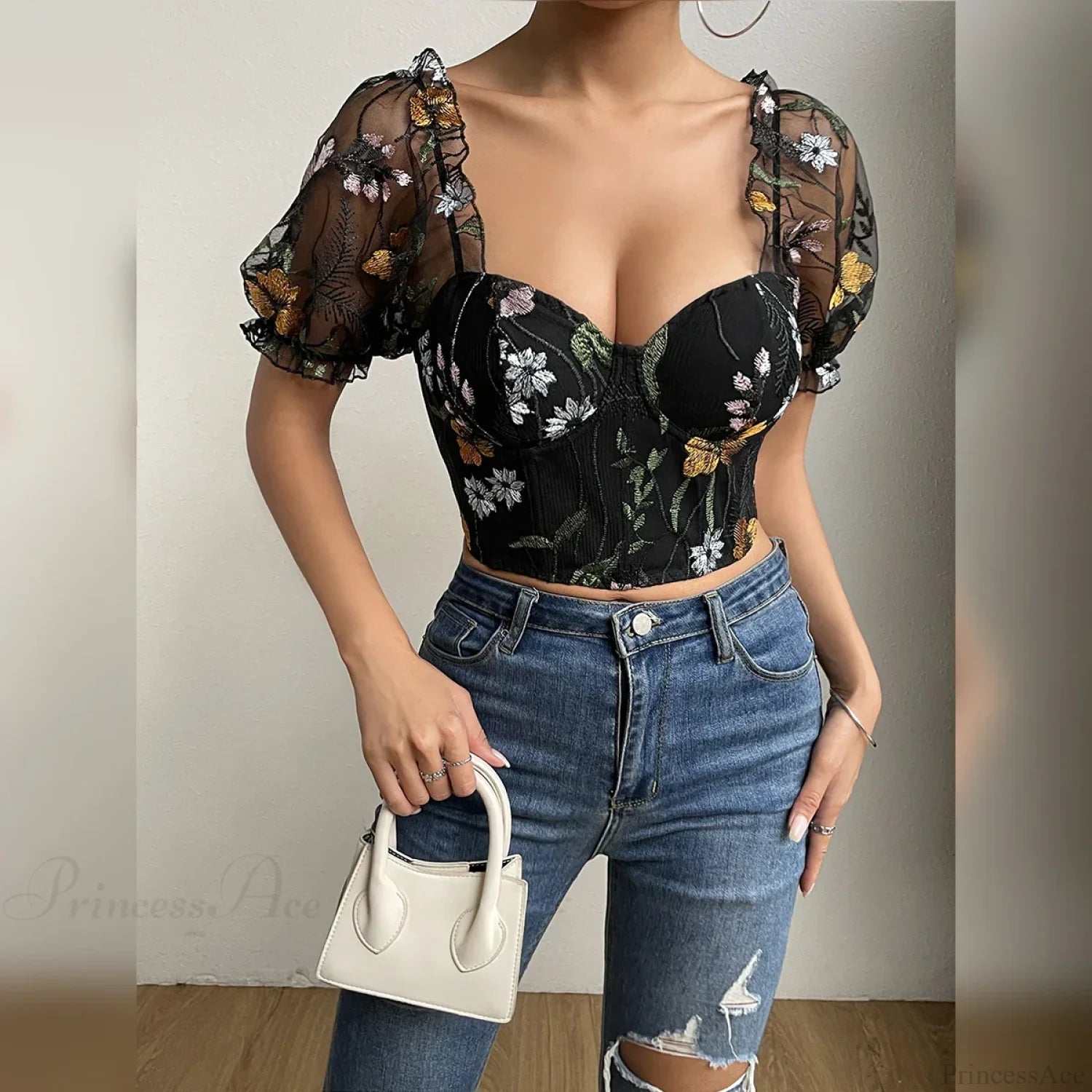 Embroidery Mesh Puff Sleeve Fishbone Corset Top croptop-250126