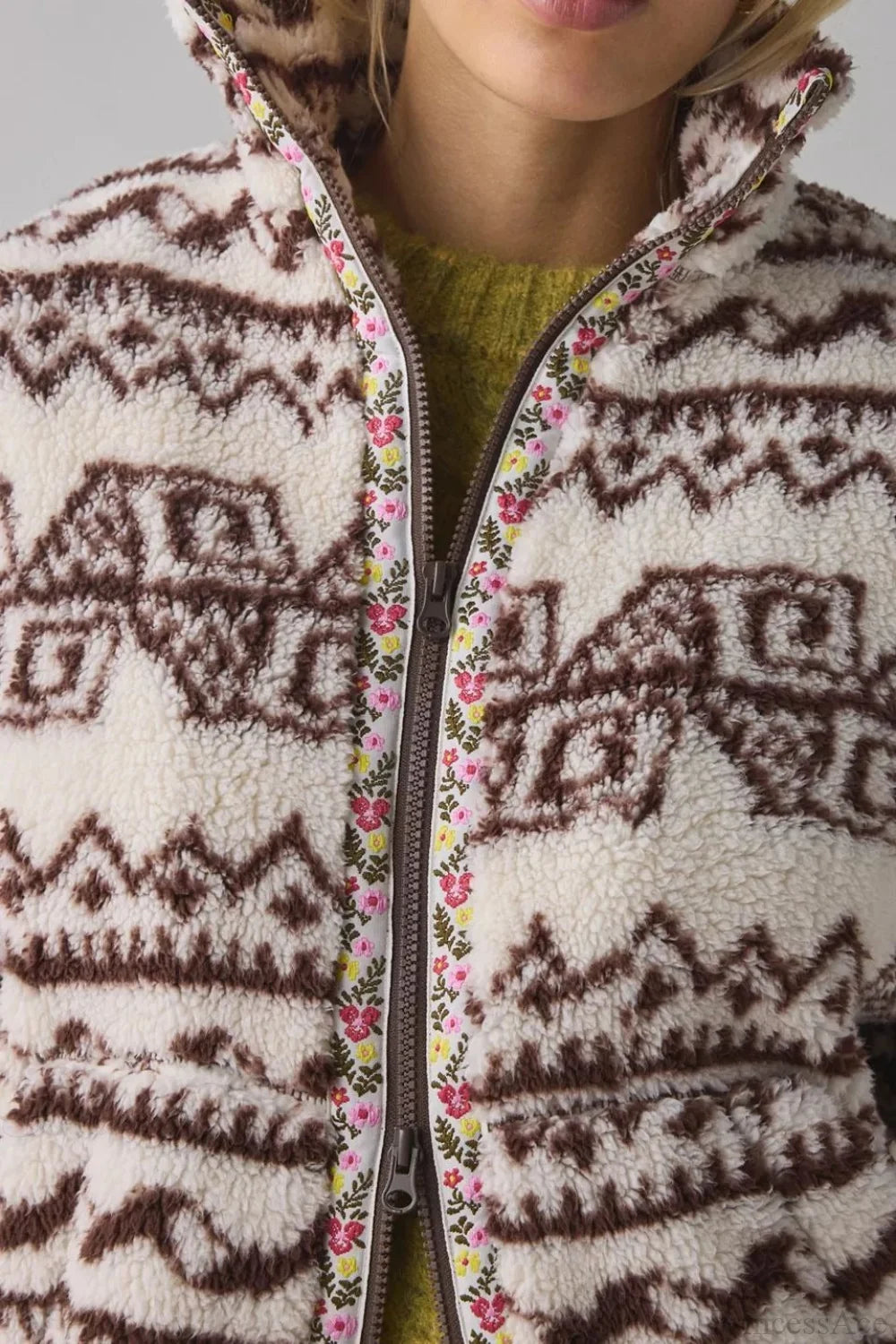 Ethnic Fleece Stand Collar Zipper Coat