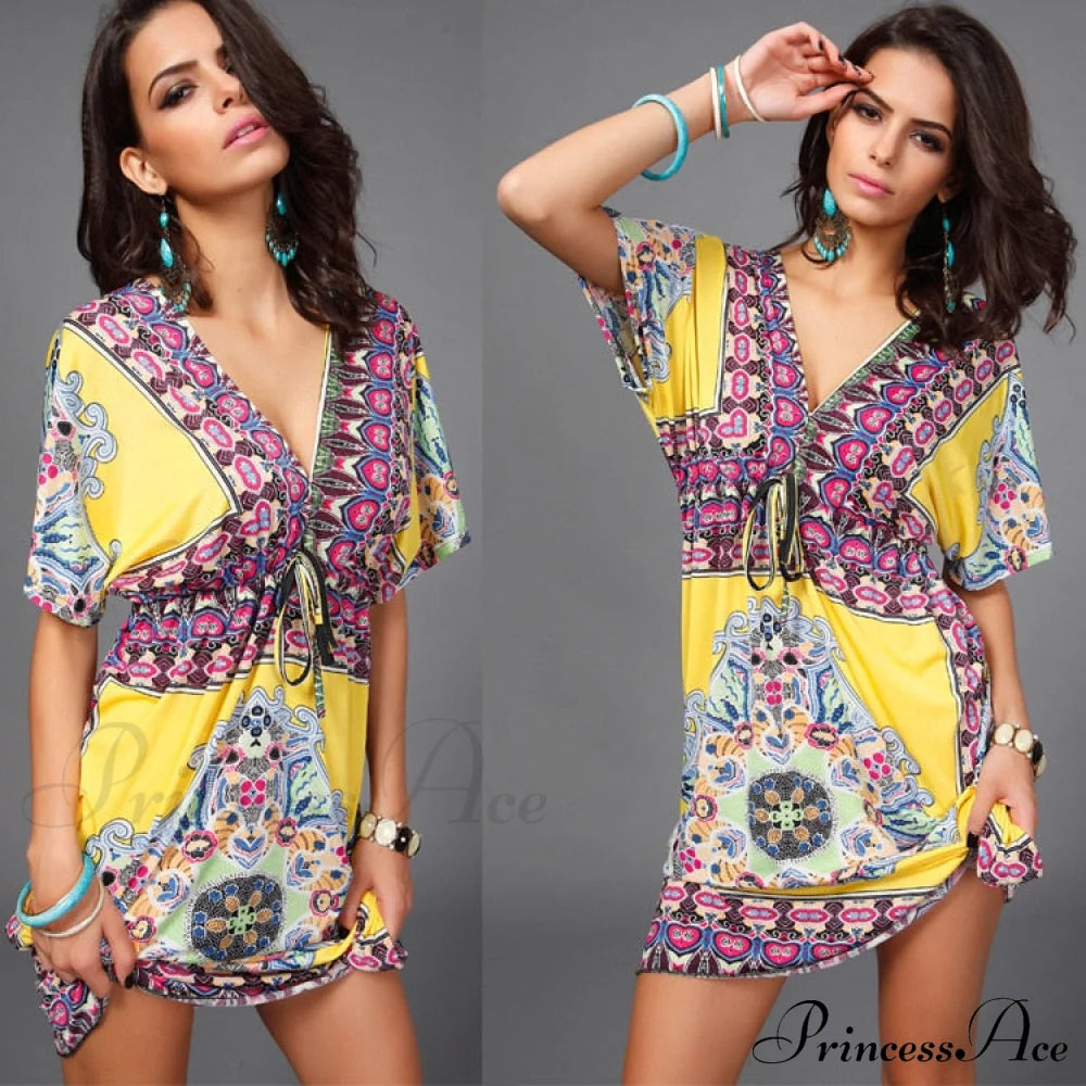 Ethnic Gown Warm-Season Women Flowered Bohemian With Style Print L / Red Dresses