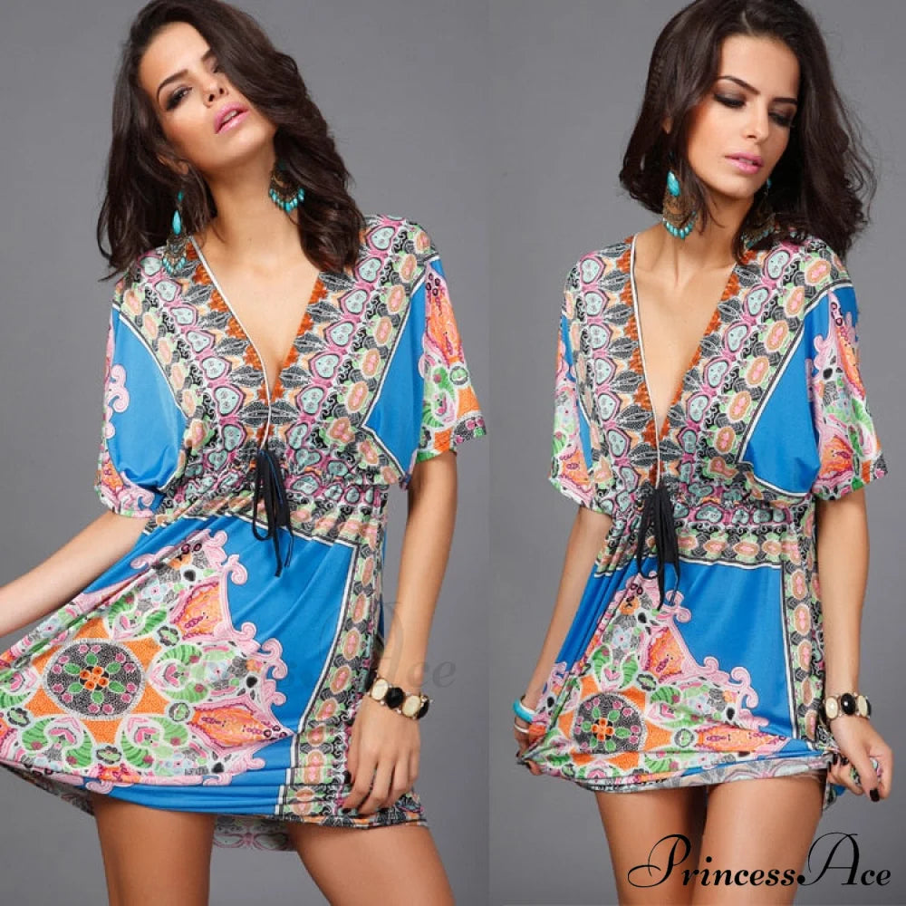 Ethnic Gown Warm-Season Women Flowered Bohemian With Style Print M / Green Dresses