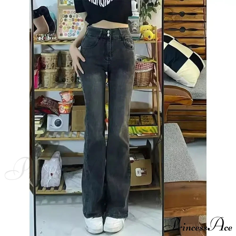 European And American Retro Brown High-Waisted Straight-Leg Loose Thin Wide-Leg Autumn Jean Gray /