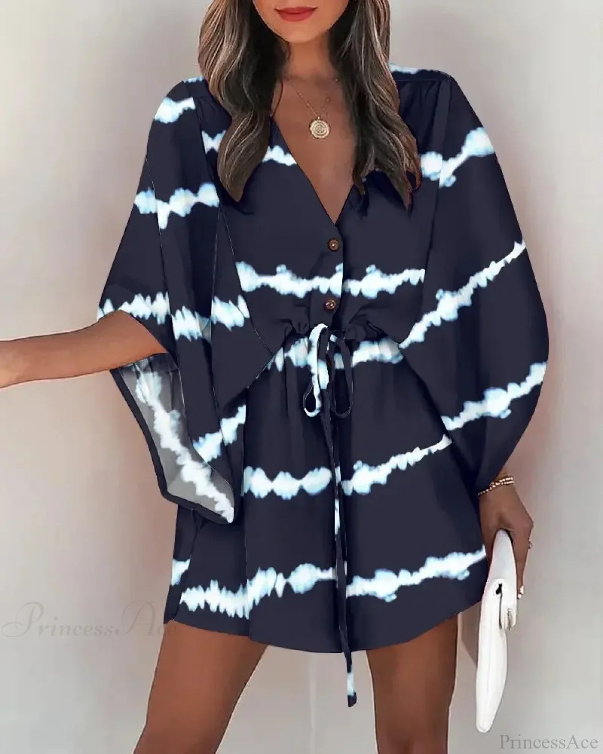 European Fashion Print V-neck Vacation Dress BLUE / S bohodress-250126