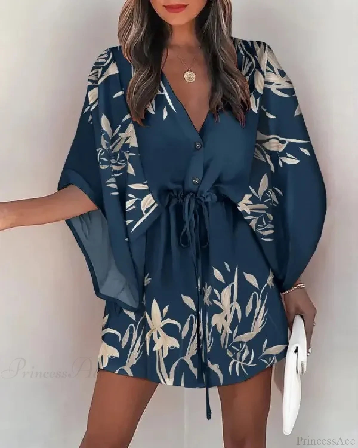 European Fashion Print V-neck Vacation Dress NAVY BLUE / S bohodress-250126