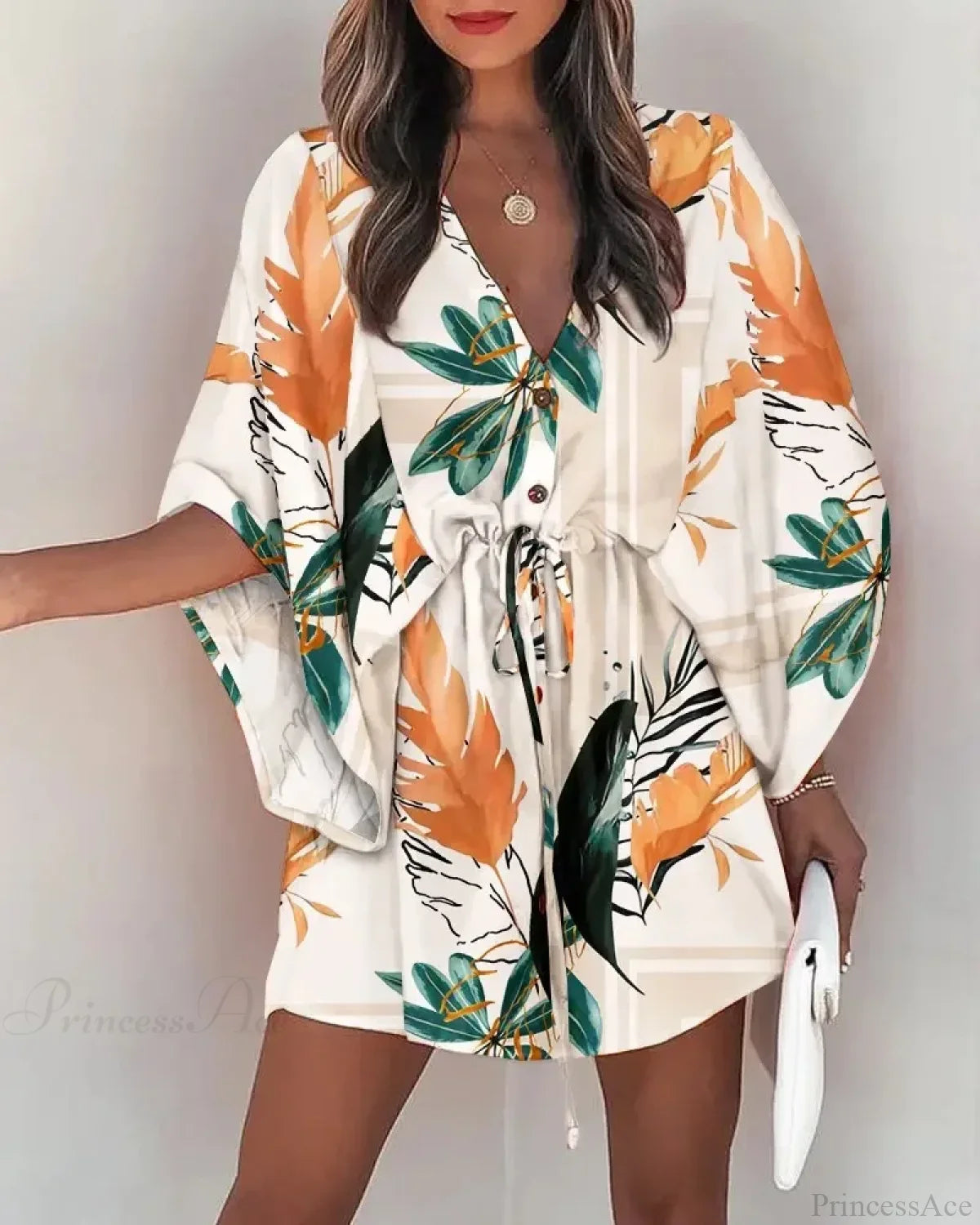 European Fashion Print V-neck Vacation Dress WHITE2 / S bohodress-250126
